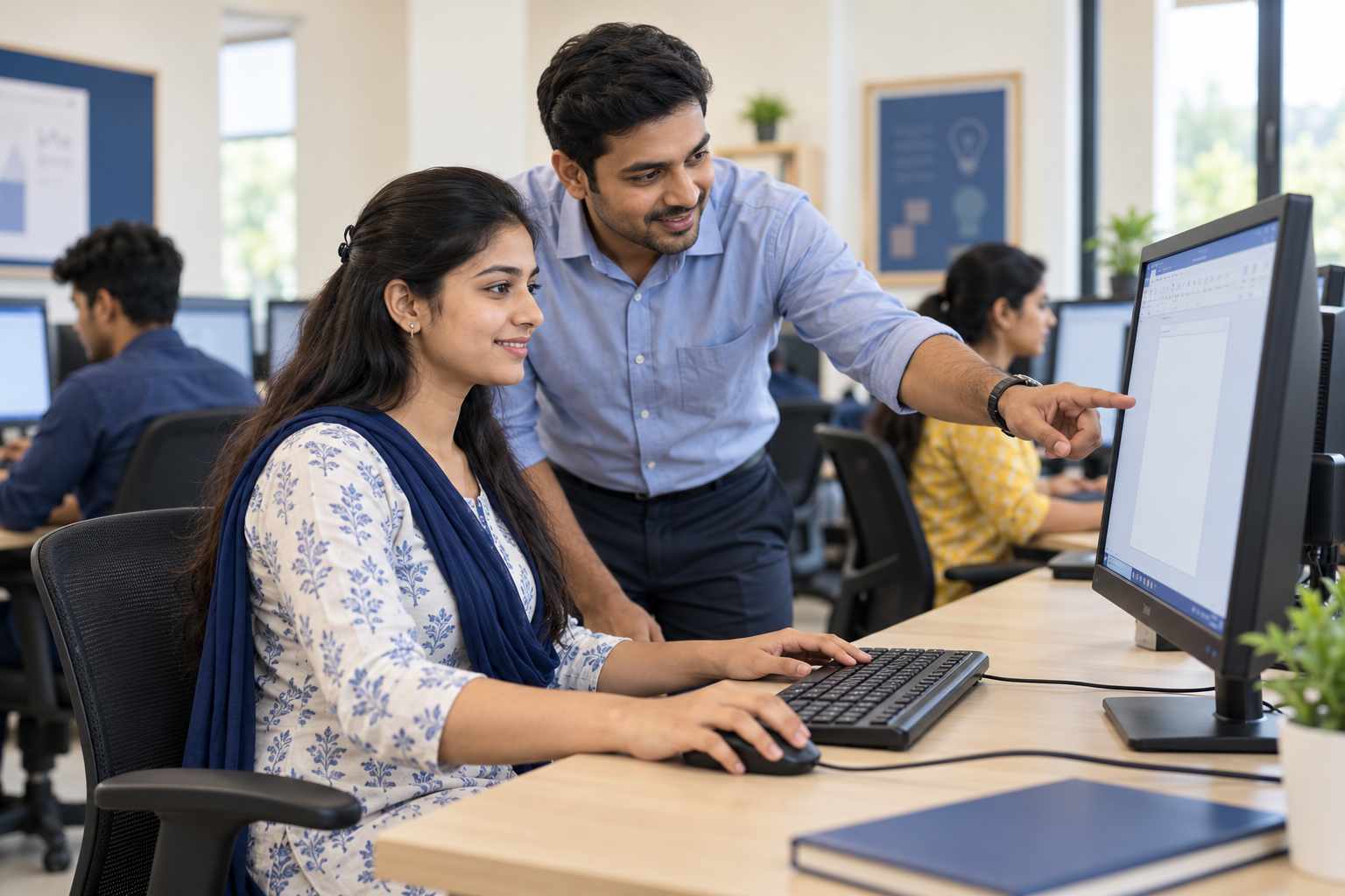 Instructor guiding a student using a desktop computer in a computer lab.