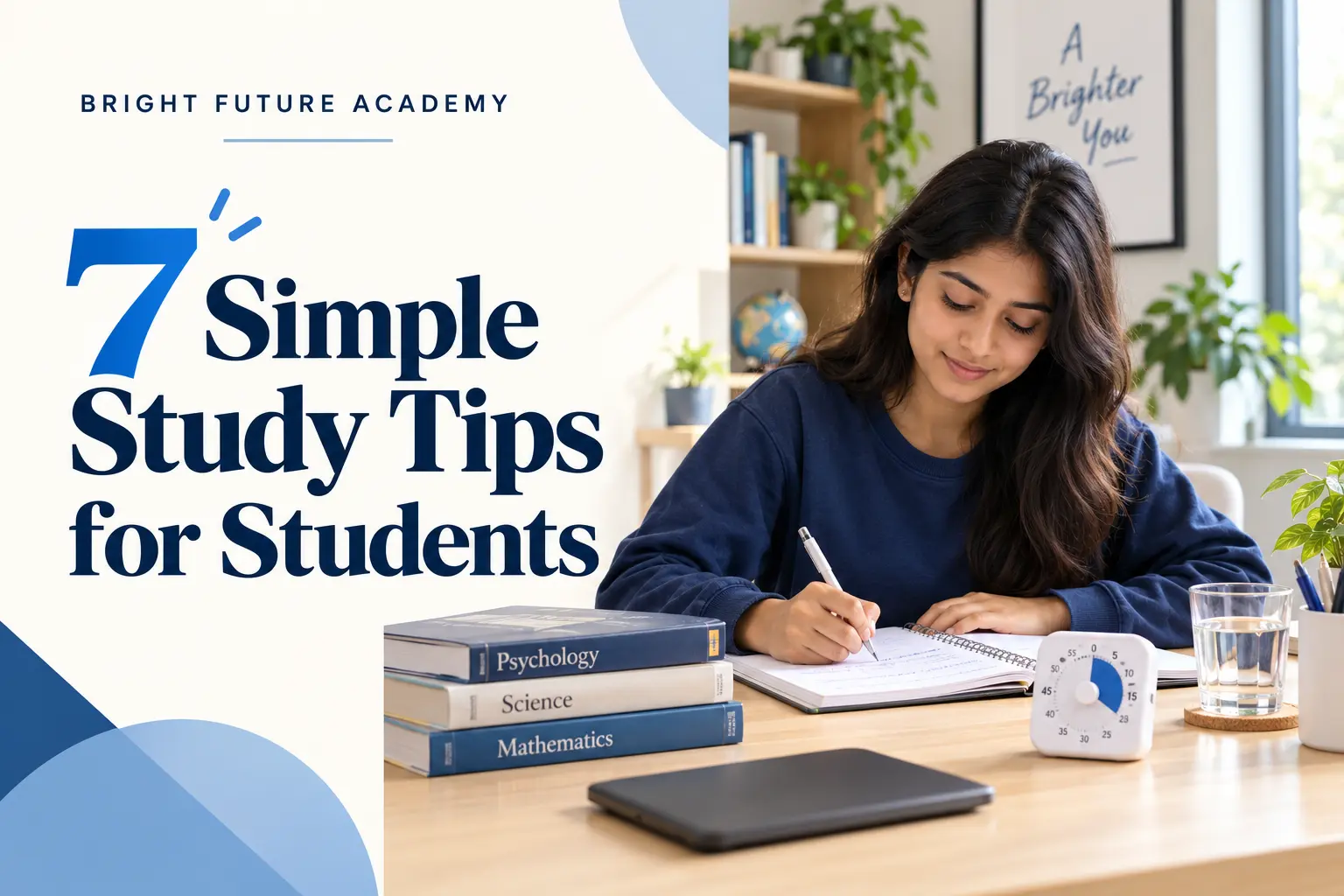 Student writing study notes beside textbooks and a timer, with the headline “7 Simple Study Tips for Students”.