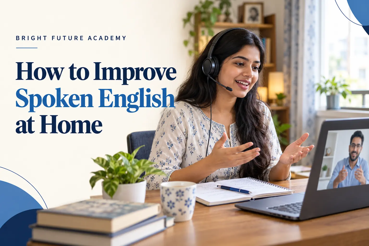 Student practising spoken English at home through a video call, with the headline “How to Improve Spoken English at Home”.