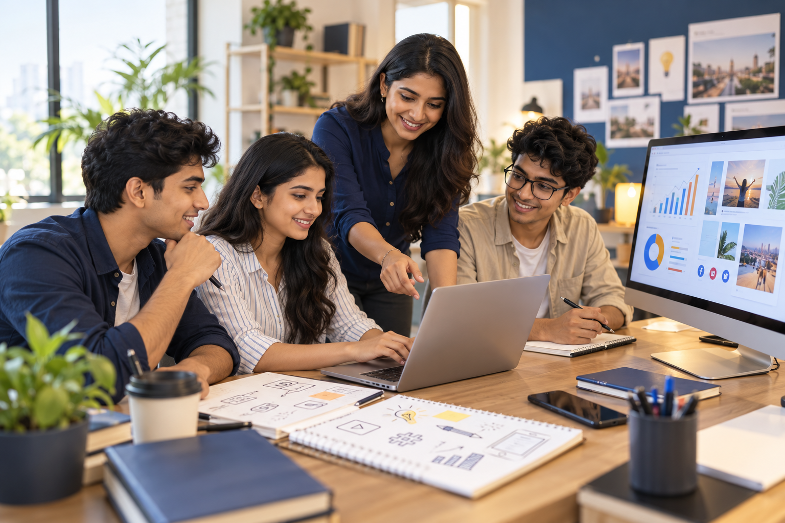 Teacher guiding students around a laptop with marketing charts and content examples on a nearby monitor.