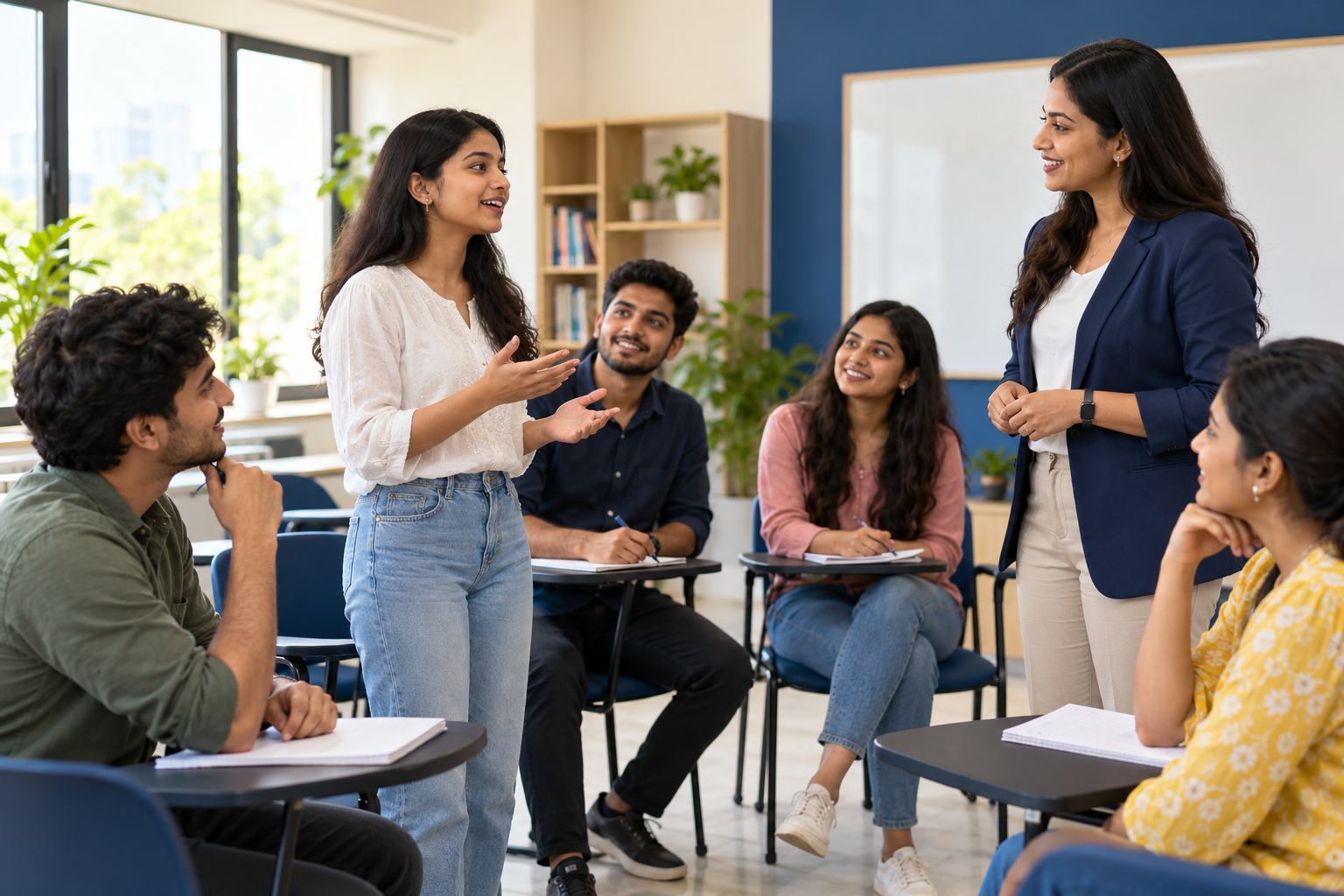 Student practising a conversation with an English teacher while classmates listen.