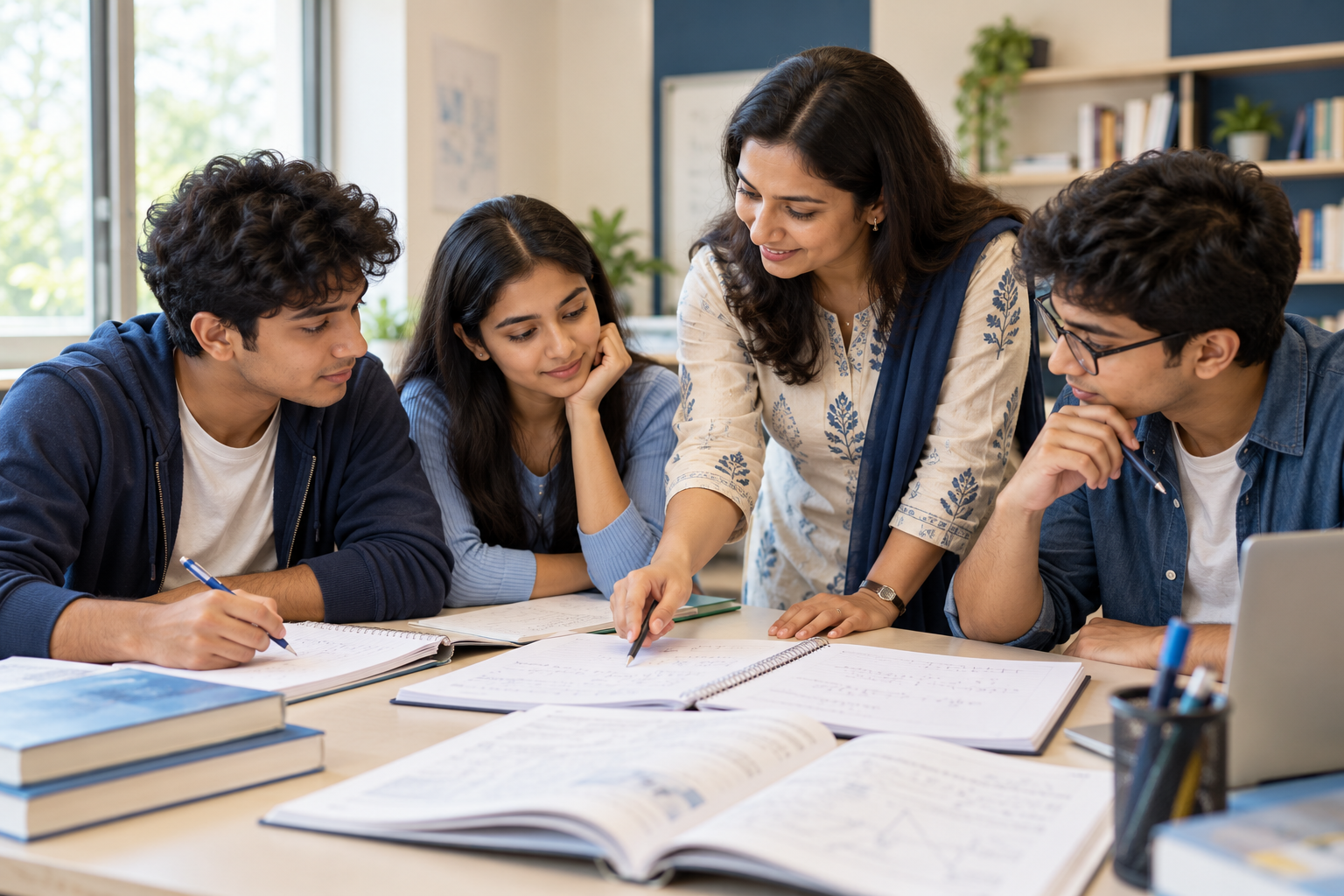 Teacher helping three students study with textbooks and notebooks.